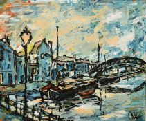 Cotton (19th Century), A canal scene with houses, a bridge and moored canal boat, oil on board,