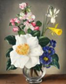 James Noble (1919-1989) British, 'Sunny Splendour', a still life of mixed flowers in a glass vase,