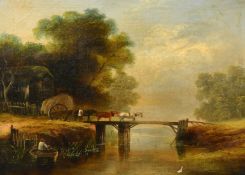 Mid-19th Century English school, a horse and cart crossing a wooden bridge, oil on canvas, 20