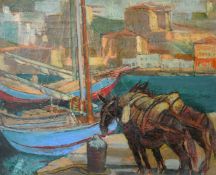 Roger Nivelt (1889-1962), Two Mules standing at the edge of a harbour near moored sailing boats with