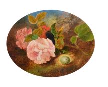 Late 19th Century English School, a still life of roses and a bird egg, oval oil on panel, 7.5