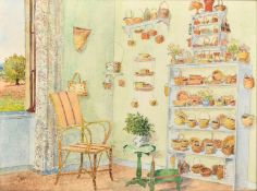 20th Century, an interior scene with a table and chair by a window and a display of baskets on