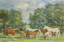K. Money, Australian, A group of horses and three dogs in a landscape, signed and dated 1961, oil on