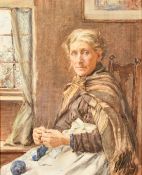 Henry Meynell Rheam (1859-1920) British, 'Old Woman Knitting', watercolour, label verso, exhibited