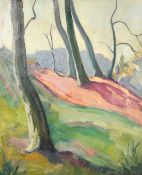 John Riddle (20th Century) A sloping landscape with tree trunks, oil on canvas, signed and dated '