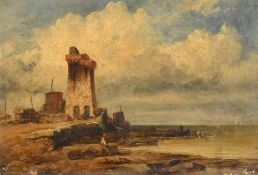 John Henry Dell (1830-1888), a figure resting by a cove, oil on panel, signed with monogram, 5.5