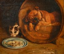 Late 19th Century, A dog asleep in a barrel with a cat alongside sneaking in to get the leftover