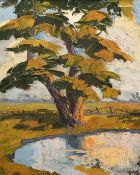 Karel de Reymaecker (b. 1901), a study of a tree by a pond in a summer landscape, oil on panel,