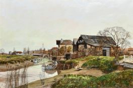 Michael John Hunt, A river scene with the tide out and boats tied up near a slipway, oil on