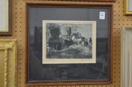 Dry point engraving of a castle, signed.