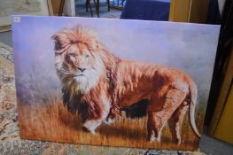 A large photographic print on canvas of a male lion together with a print of a reclining female semi