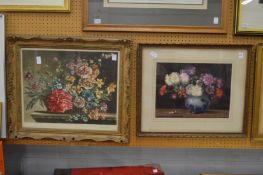 C L Biron, still life of flowers in a vase together with a colour print of flowers in a basket on