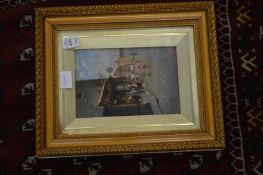 Street scene with figures in a shop, oil over a photographic base together with a Chinese