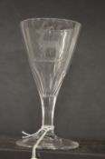 A good 18th century English wine glass with tapering bowl, engraved with a stag.