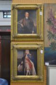 A pair of portraits depicting noble Gentleman, colour prints in decorative gilt frames.