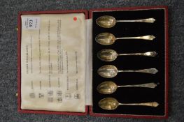 A cased set of six silver Hallmark sample coffee spoons.