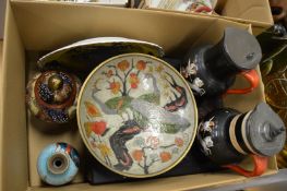 Decorative jugs, enamel bowl and other items.