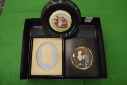 An embossed paper portrait miniature, another miniature and a framed porcelain picture.