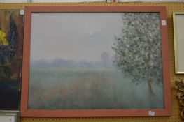 A misty landscape with trees and poppies, acrylic on board.