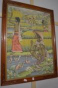 Indonesian field workers, oil on canvas, in a carved wood frame.