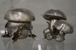 An unusual silver salt and pepper modelled as toadstools together with the matching preserve jar.