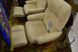 An Ekornes Stressless cream leather swivel reclining armchair with matching foot stool.