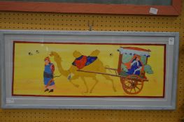 A lady in a carriage being pulled by a camel with attendant, painting on fabric, framed and glazed.