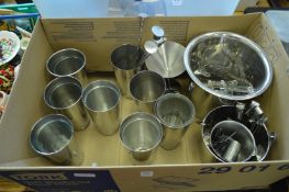 A quantity of stainless steel bar equipment to include cocktail shakers etc.