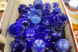Blue glassware to include decanters, jugs, candlesticks.