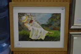 Lady reading a book resting in a hammock, watercolour.