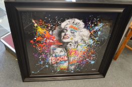 S Binet, pop art, Marilyn Monroe, colourful print under an over painted glazed panel, framed.
