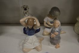 Three Copenhagen figures and a small Staffordshire dog.