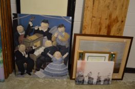 A group of decorative paintings and prints.