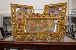 Classical scene, colour print in a decorative carved gilt wood frame together with a pair of