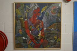 A large semi abstract mixed media picture of a seated female figure.