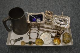A three piece plated condiment set and other collectables.
