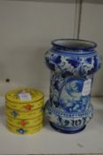 Porcelain stacking box and a Delft style jar.