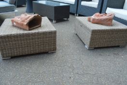 A pair of beige rattan style occasional tables.
