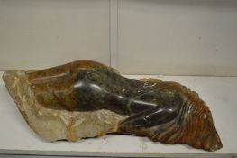 Carlos De Almeida, carved marble reclining female nude.