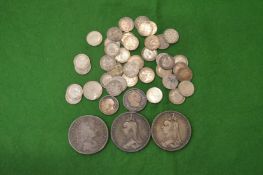 A Charles II crown 1673, two Victoria crowns 1890, George III shilling 1817 and other coins.