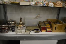 A quantity of plated items to include flatware, sugar castor, pair of decanter coasters etc.