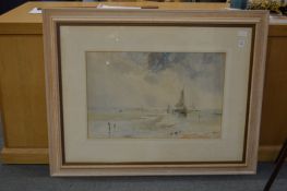 Coastal landscape with ships and figures, watercolour.