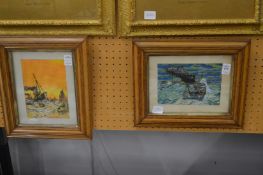 A pair of small watercolours depicting boats and ships.