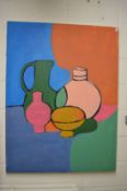 Colourful still life of jugs and bowls, oil on canvas, unframed.