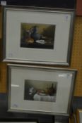 A good pair of still lives depicting jugs, bottles, bowls, a bread etc, watercolour.
