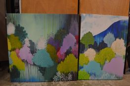 Two colourful artworks depicting trees.