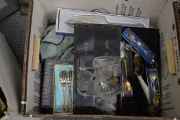 A quantity of plated flatware, coins etc.