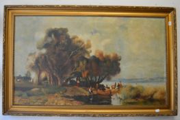 Continental School, figures by a river in an extensive landscape, large oil on canvas.