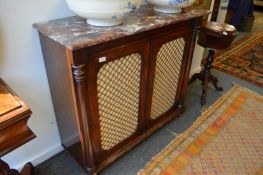 A Regency rosewood side cabinet with a pair of brass grilled doors, later marble top.