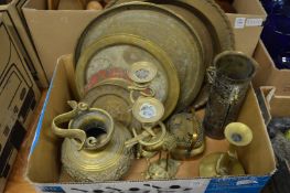 Japanese brass vase, stork candlesticks and other items of Eastern metalware.